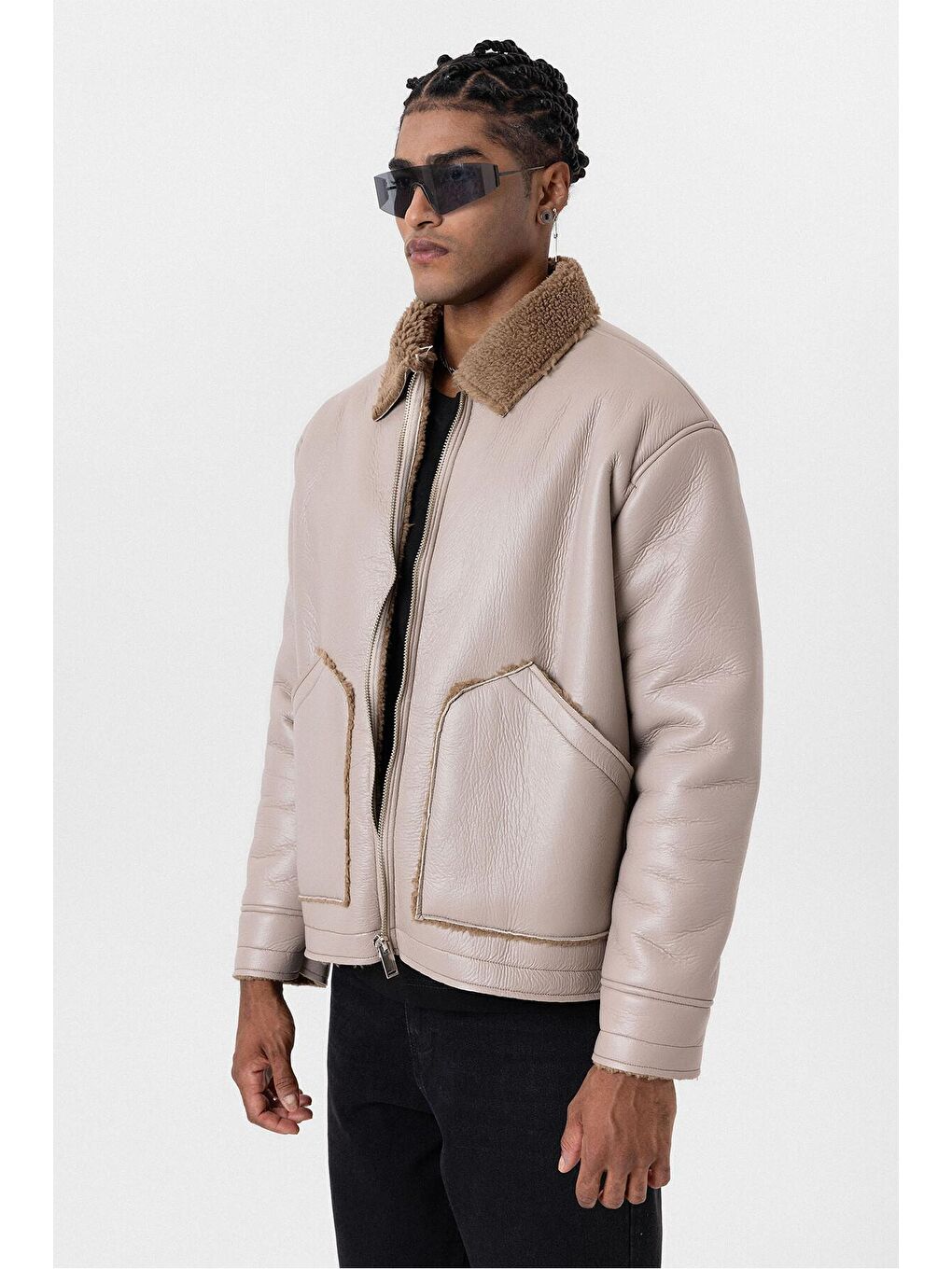 Bej İçi Kürklü Suni Deri Oversıze Ceket Taş-3