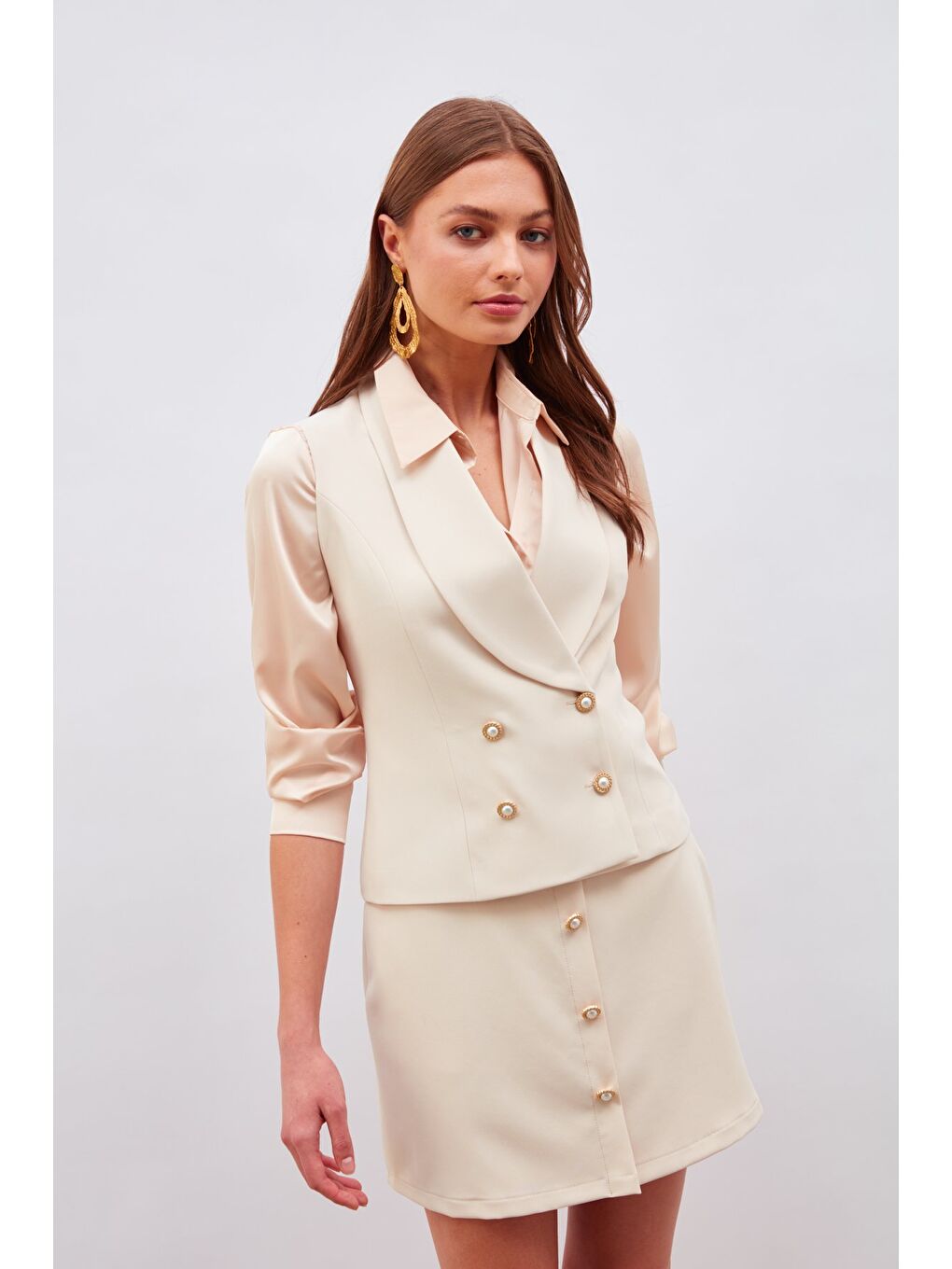 Düğme Detaylı Yelek - Bej-2