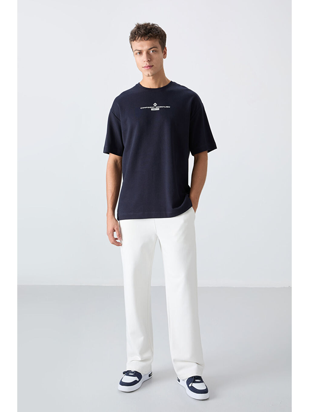 Lacivert Pamuklu Kalın Yumuşak Dokulu Oversize Fit Baskılı Erkek Tişört - 88321-2