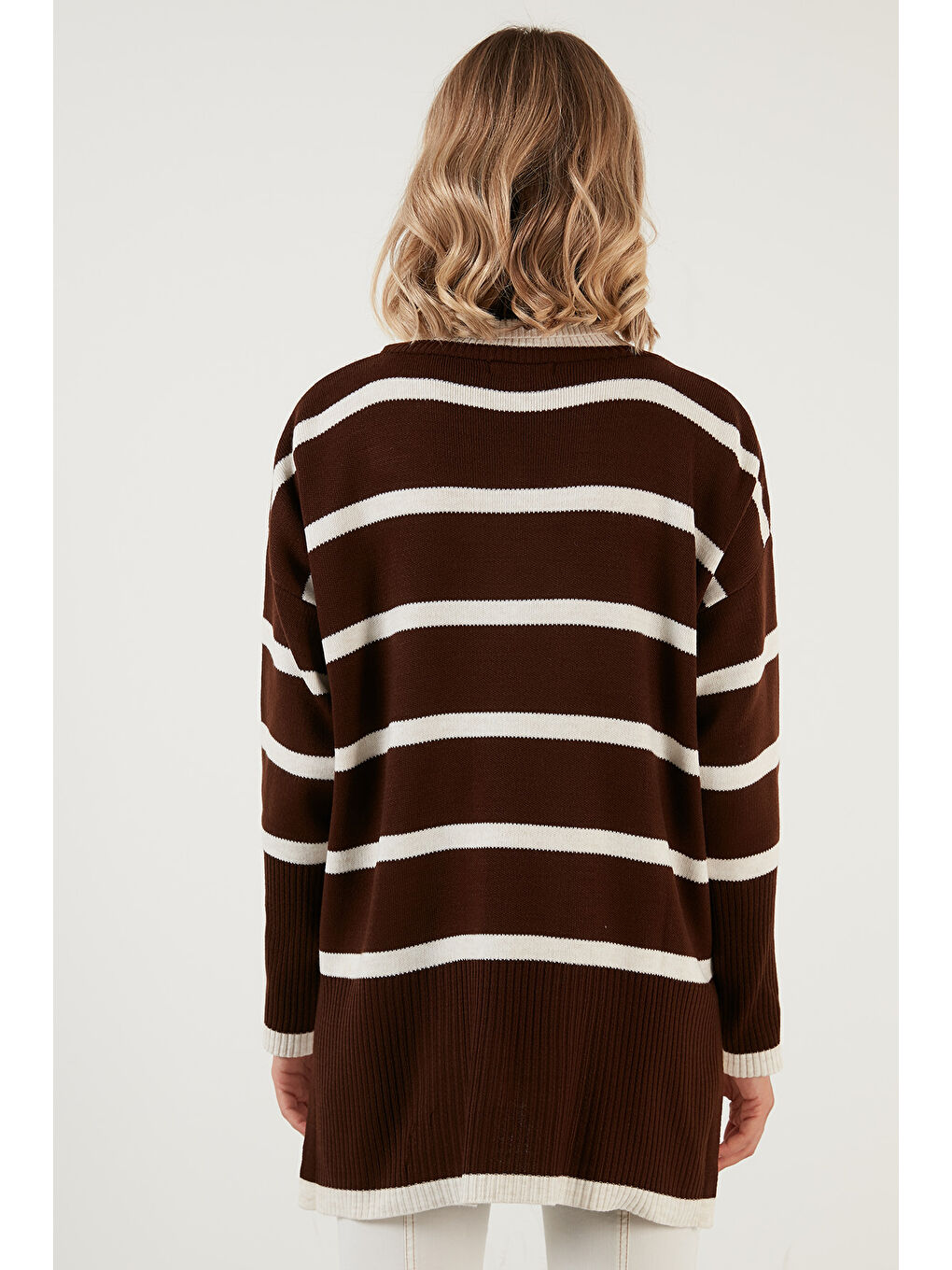 Kahverengi Çizgili Balıkçı Yaka Uzun Kadın Kazak 6321016-5