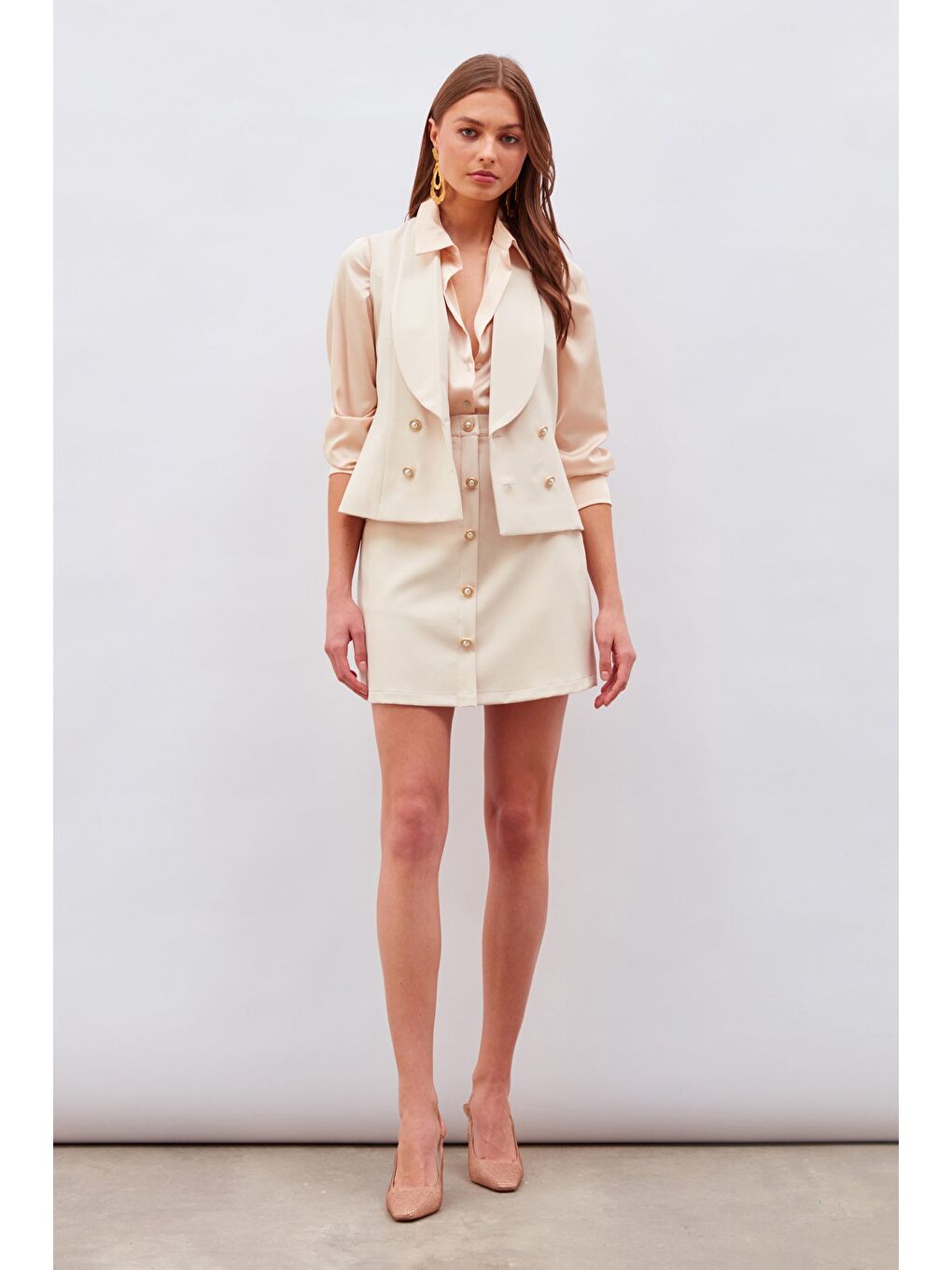 Düğme Detaylı Yelek - Bej-5