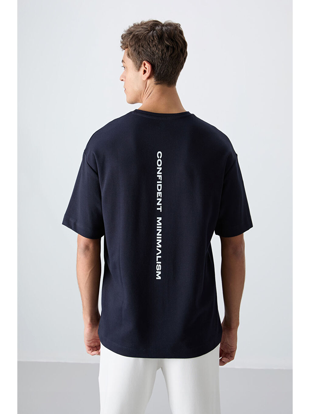 Lacivert Pamuklu Kalın Yumuşak Dokulu Oversize Fit Baskılı Erkek Tişört - 88321-4