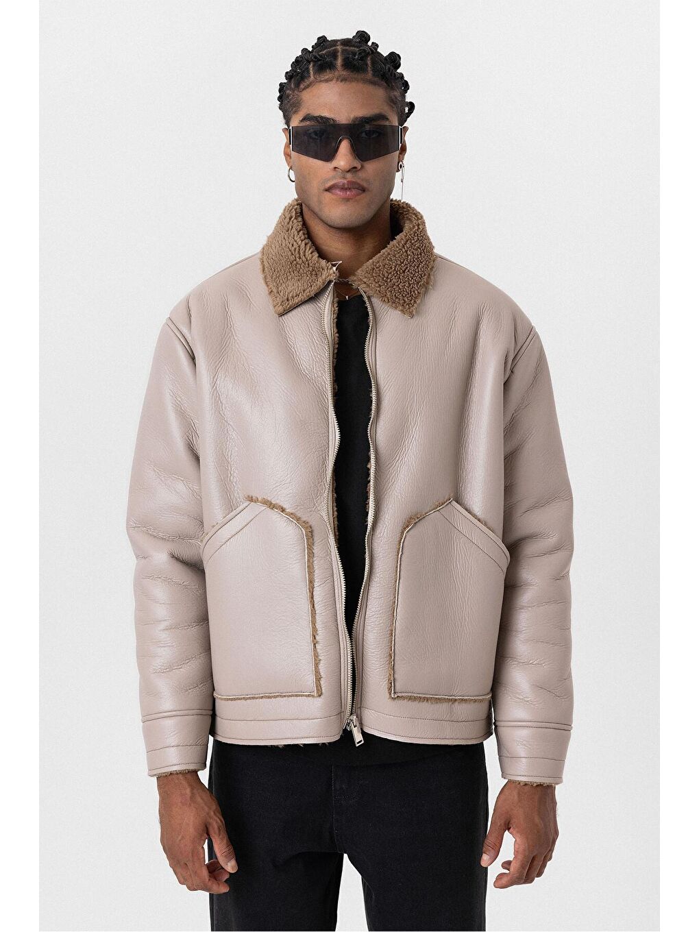 Bej İçi Kürklü Suni Deri Oversıze Ceket Taş-7