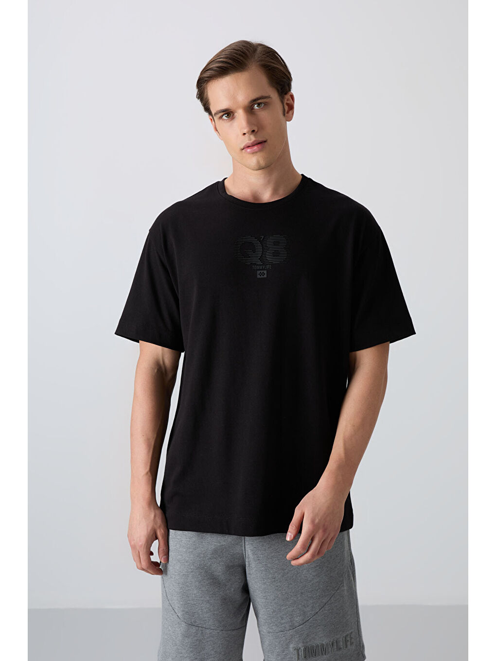 Siyah Pamuklu Kalın Yumuşak Dokulu Oversize Fit Baskılı Erkek Tişört - 88333