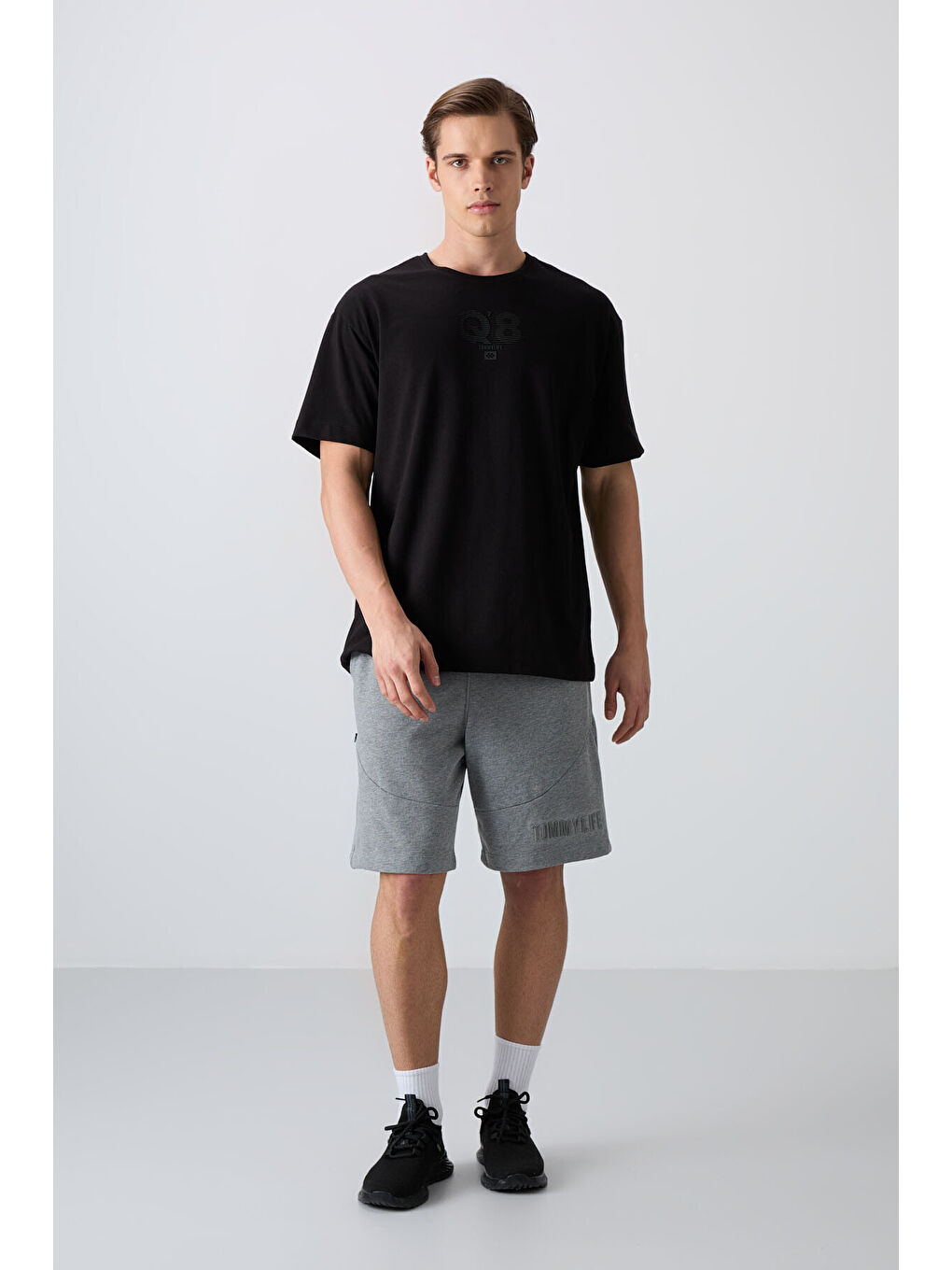 Siyah Pamuklu Kalın Yumuşak Dokulu Oversize Fit Baskılı Erkek Tişört - 88333-1