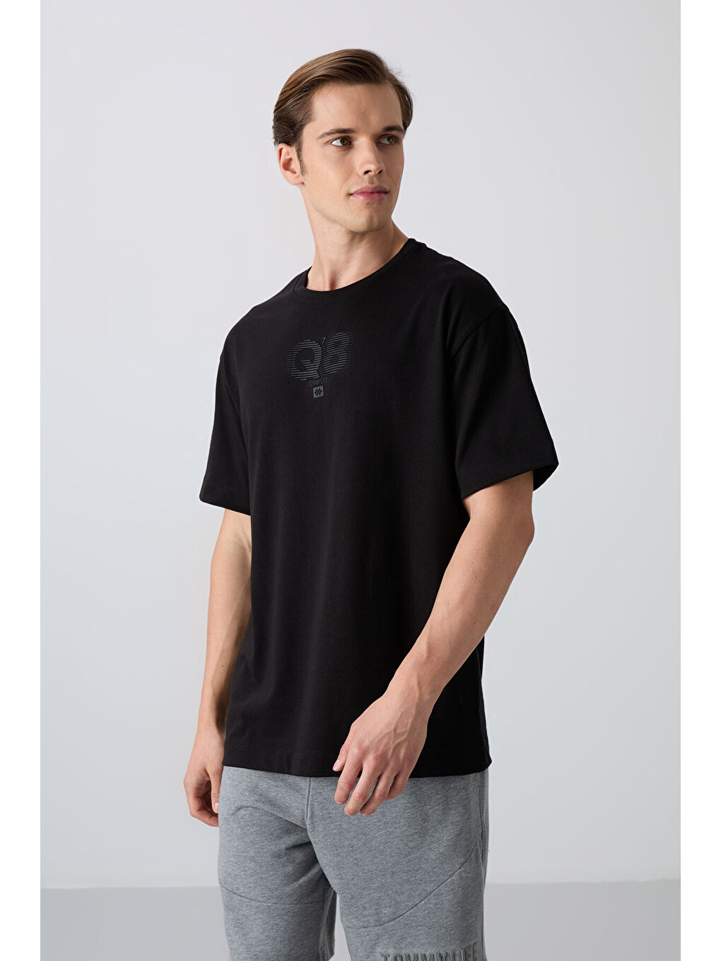 Siyah Pamuklu Kalın Yumuşak Dokulu Oversize Fit Baskılı Erkek Tişört - 88333-3