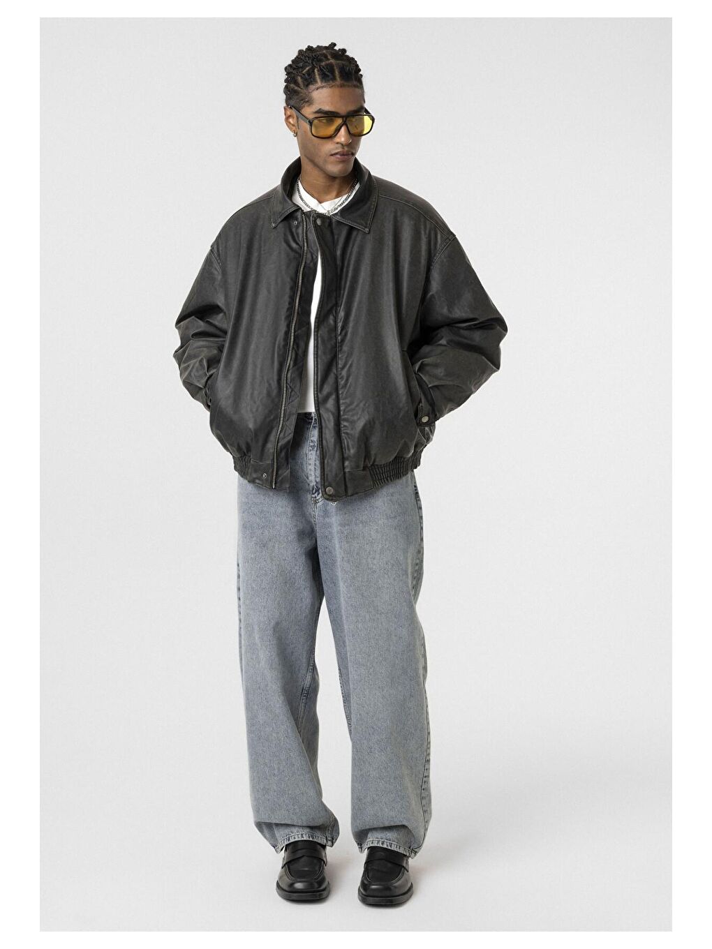 Siyah Yıkamalı Oversize Erkek Deri Ceket-4