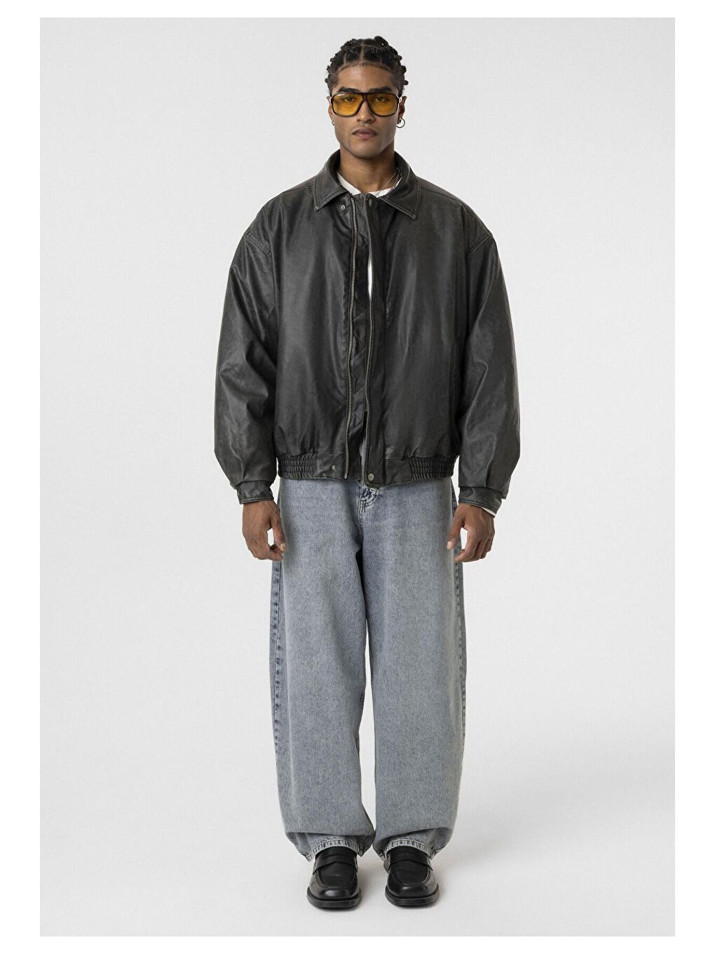 Siyah Yıkamalı Oversize Erkek Deri Ceket-5