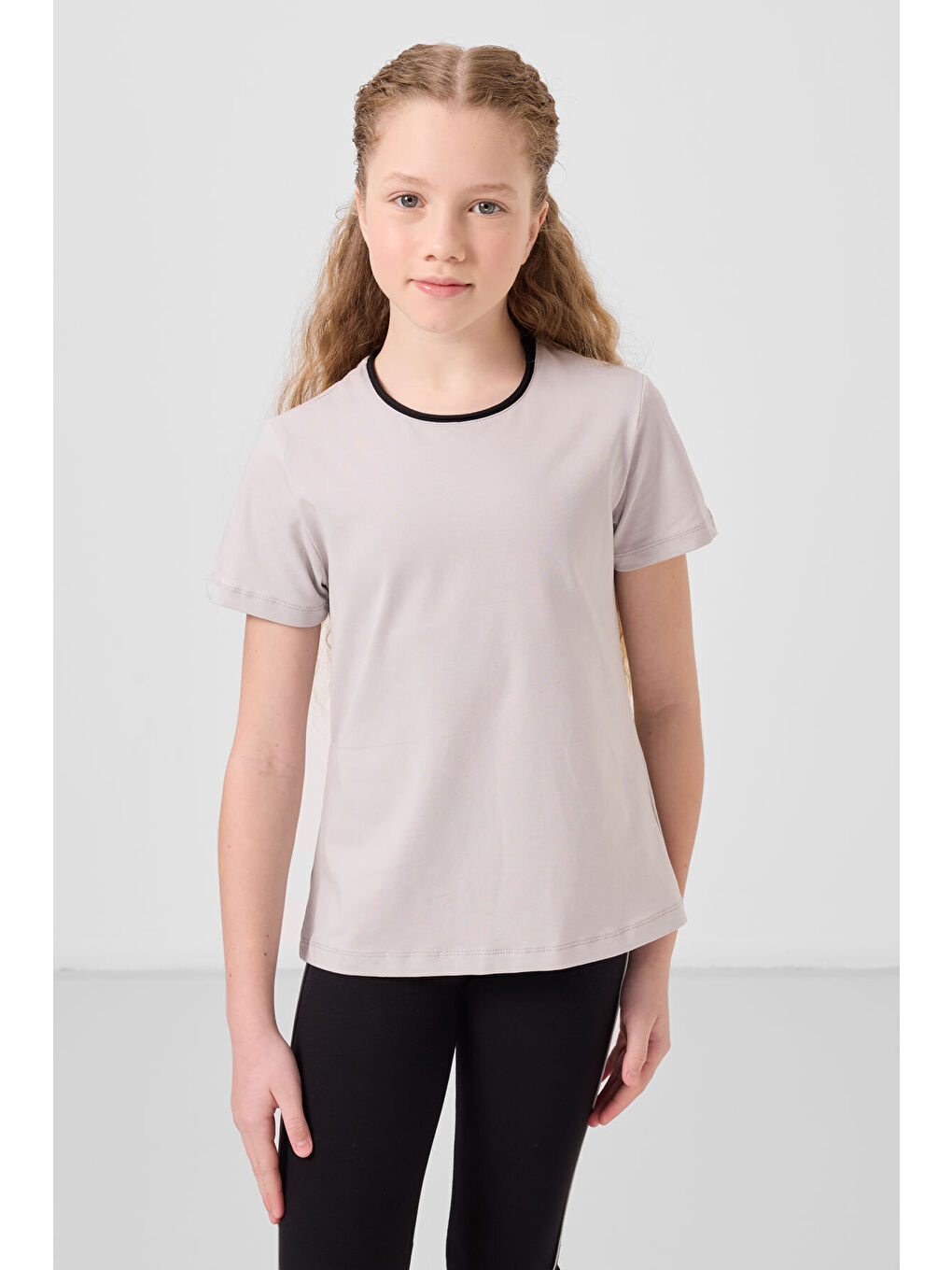 Bej Taş-Siyah Pamuklu O Yaka Standart Fit Basic İspanyol Paça Kız Çocuk Tayt Takım - 75192-2