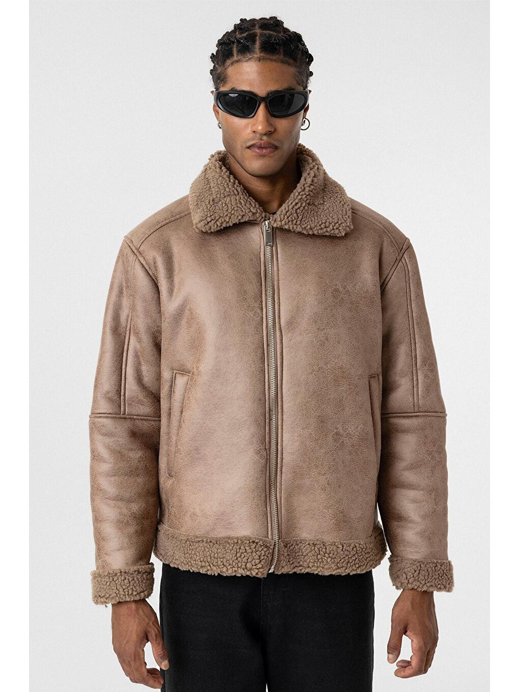 Bej İçi Kürklü Suni Deri Oversıze Mont Vizon