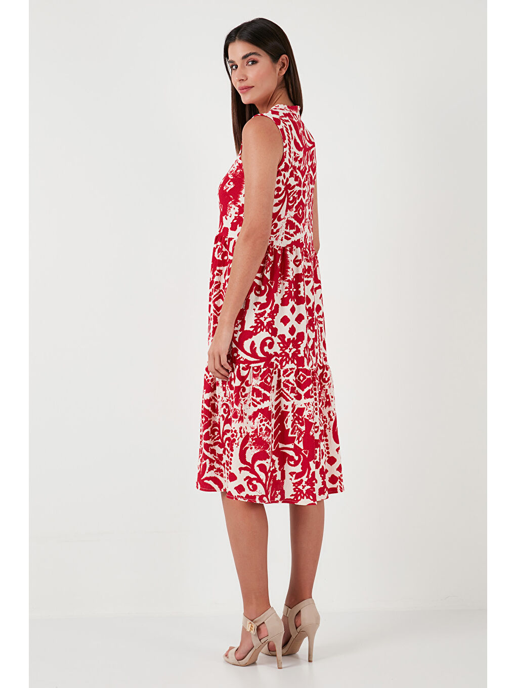 Bordo Desenli Regular Fit Kolsuz Elbise 5865731-5