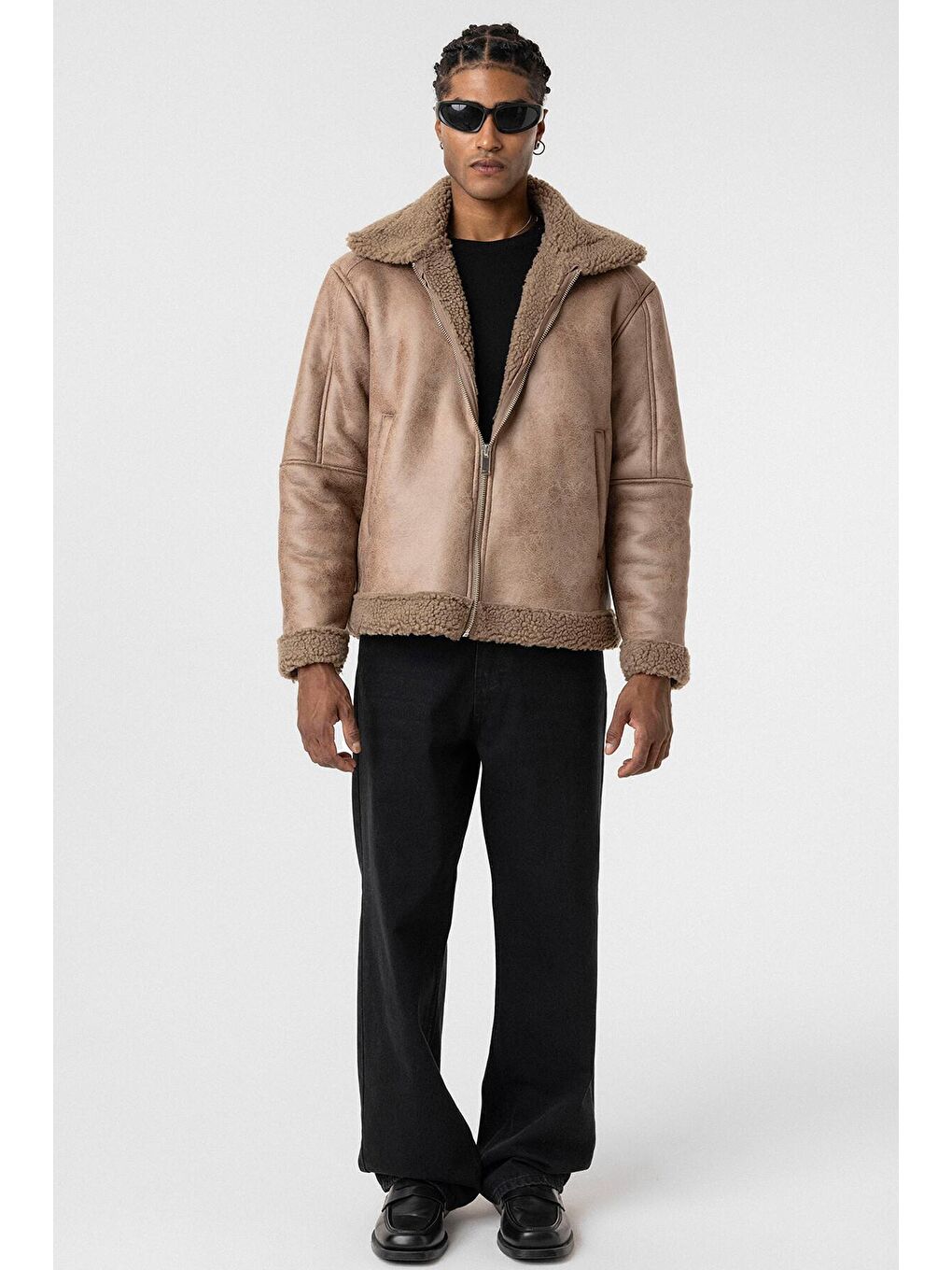 Bej İçi Kürklü Suni Deri Oversıze Mont Vizon-1