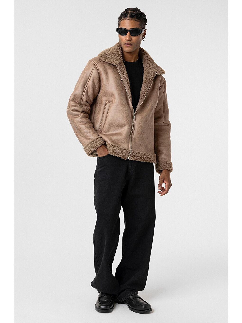 Bej İçi Kürklü Suni Deri Oversıze Mont Vizon-3