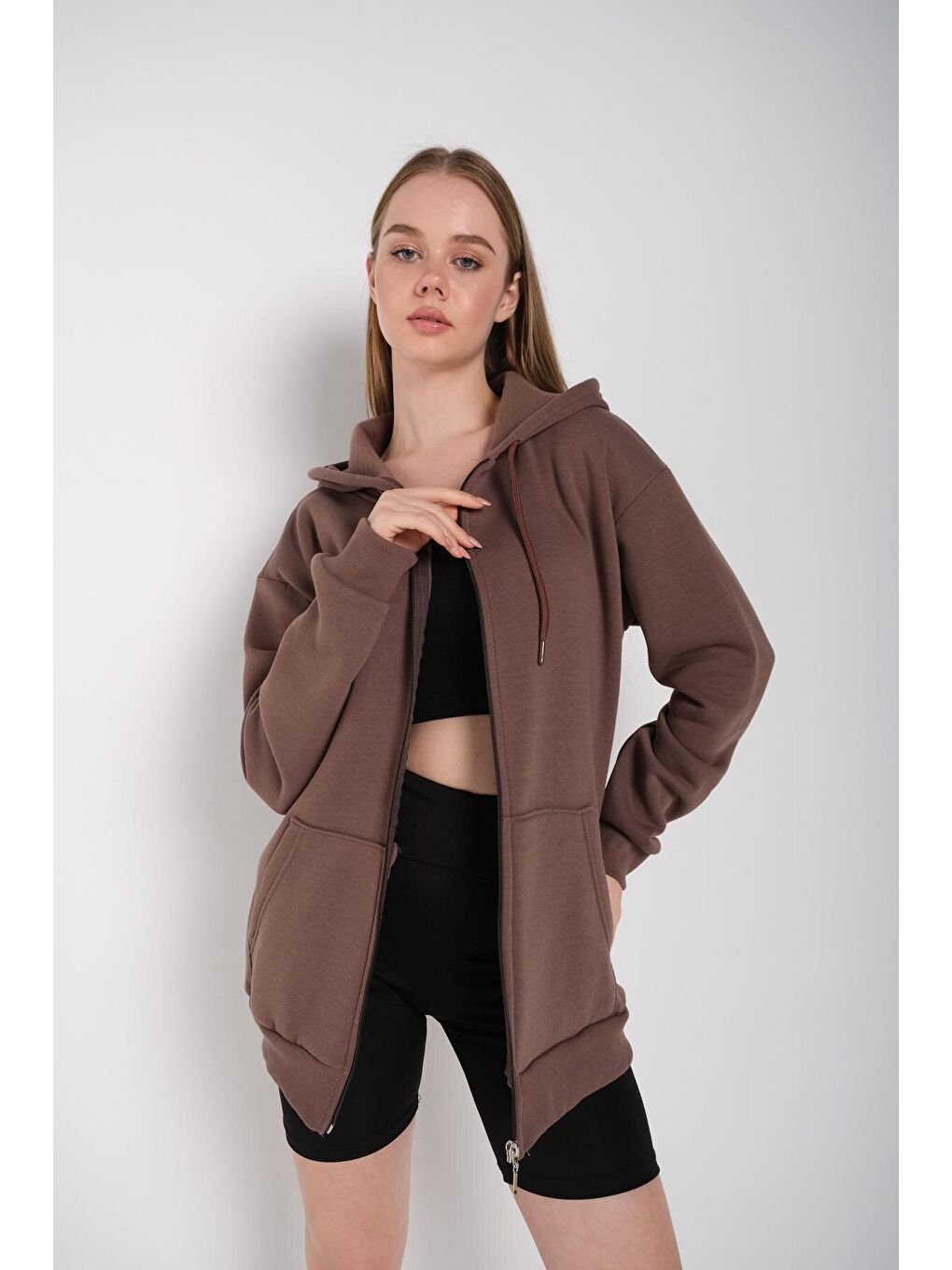 Kadın Kahverengi Fermuarlı Sweatshirt Hırka