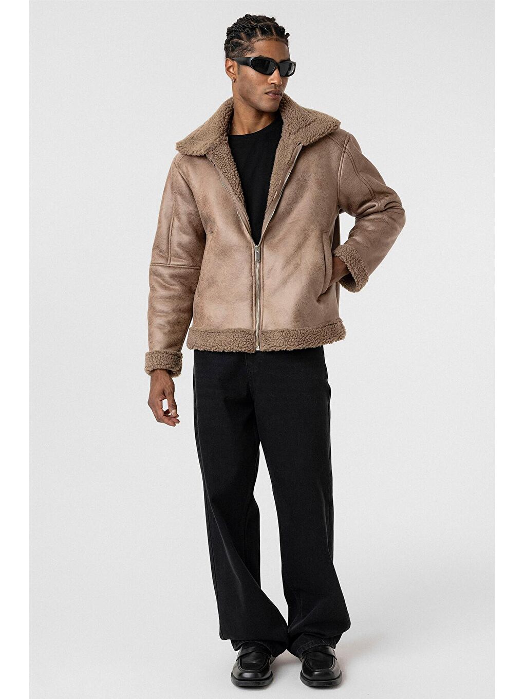 Bej İçi Kürklü Suni Deri Oversıze Mont Vizon-4