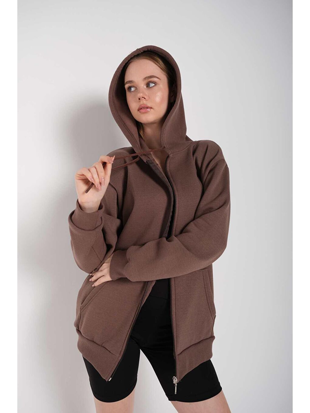 Kadın Kahverengi Fermuarlı Sweatshirt Hırka-1