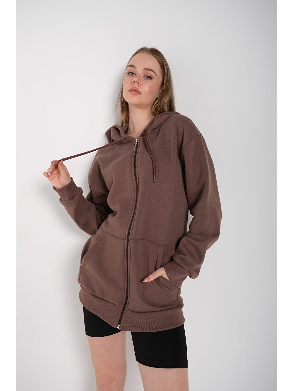 Kadın Kahverengi Fermuarlı Sweatshirt Hırka-2