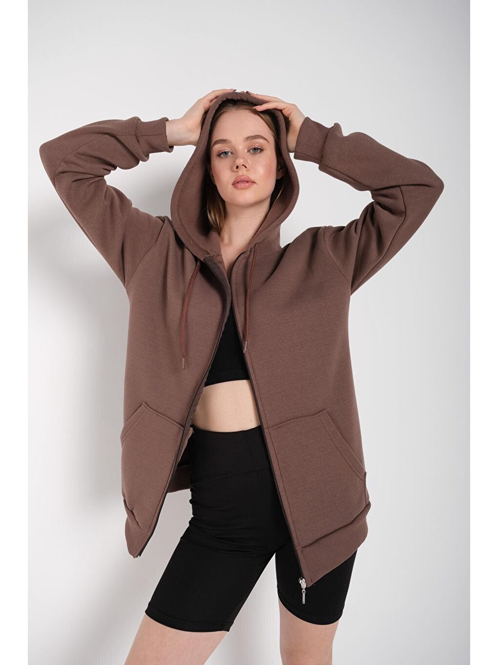 Kadın Kahverengi Fermuarlı Sweatshirt Hırka-3