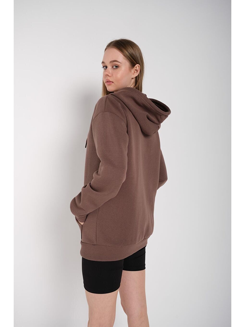 Kadın Kahverengi Fermuarlı Sweatshirt Hırka-4
