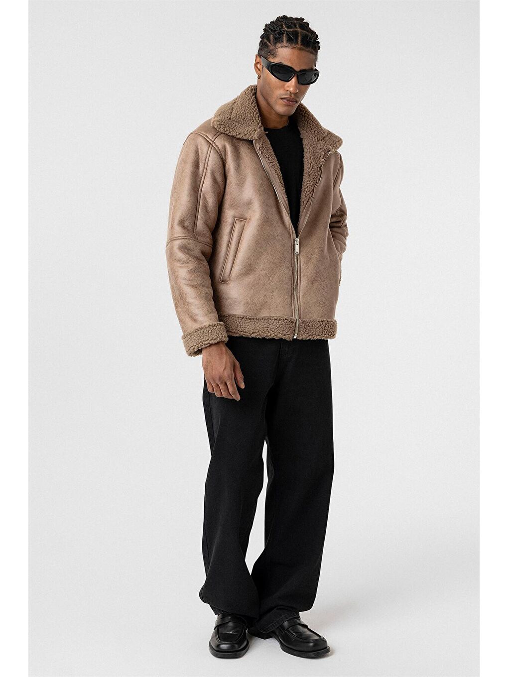 Bej İçi Kürklü Suni Deri Oversıze Mont Vizon-7