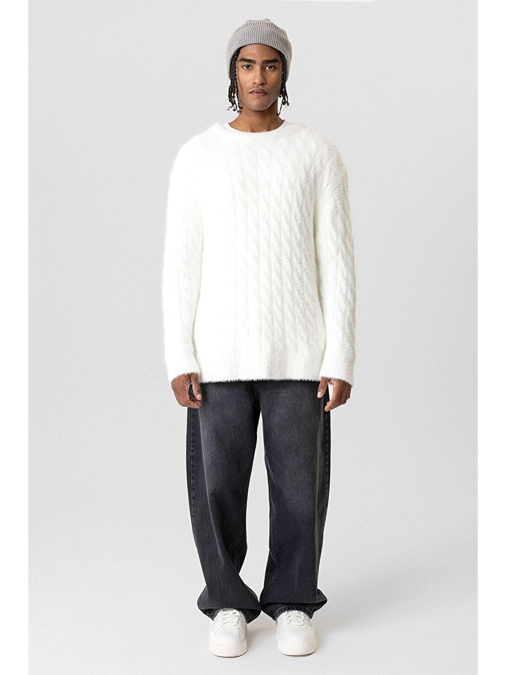 Beyaz Oversize Triko Kazak Kemik