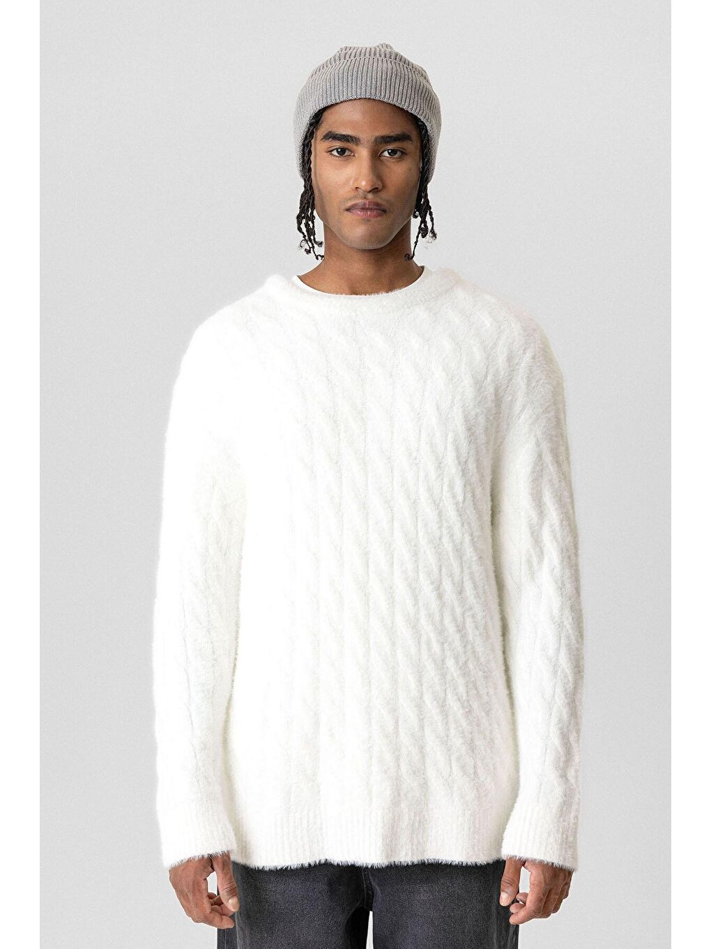 Beyaz Oversize Triko Kazak Kemik-2