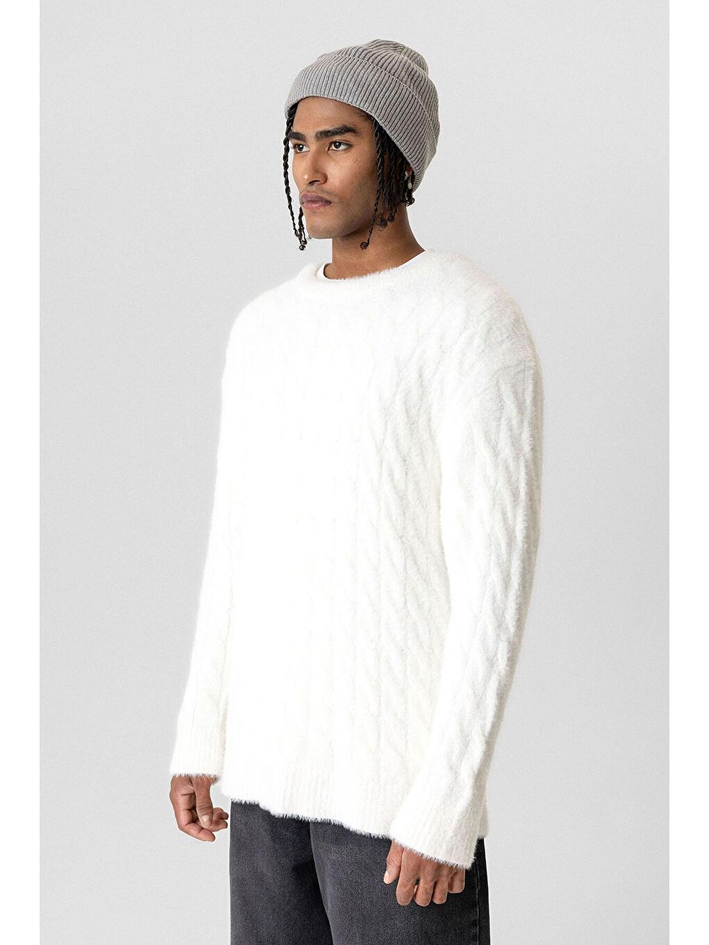 Beyaz Oversize Triko Kazak Kemik-3