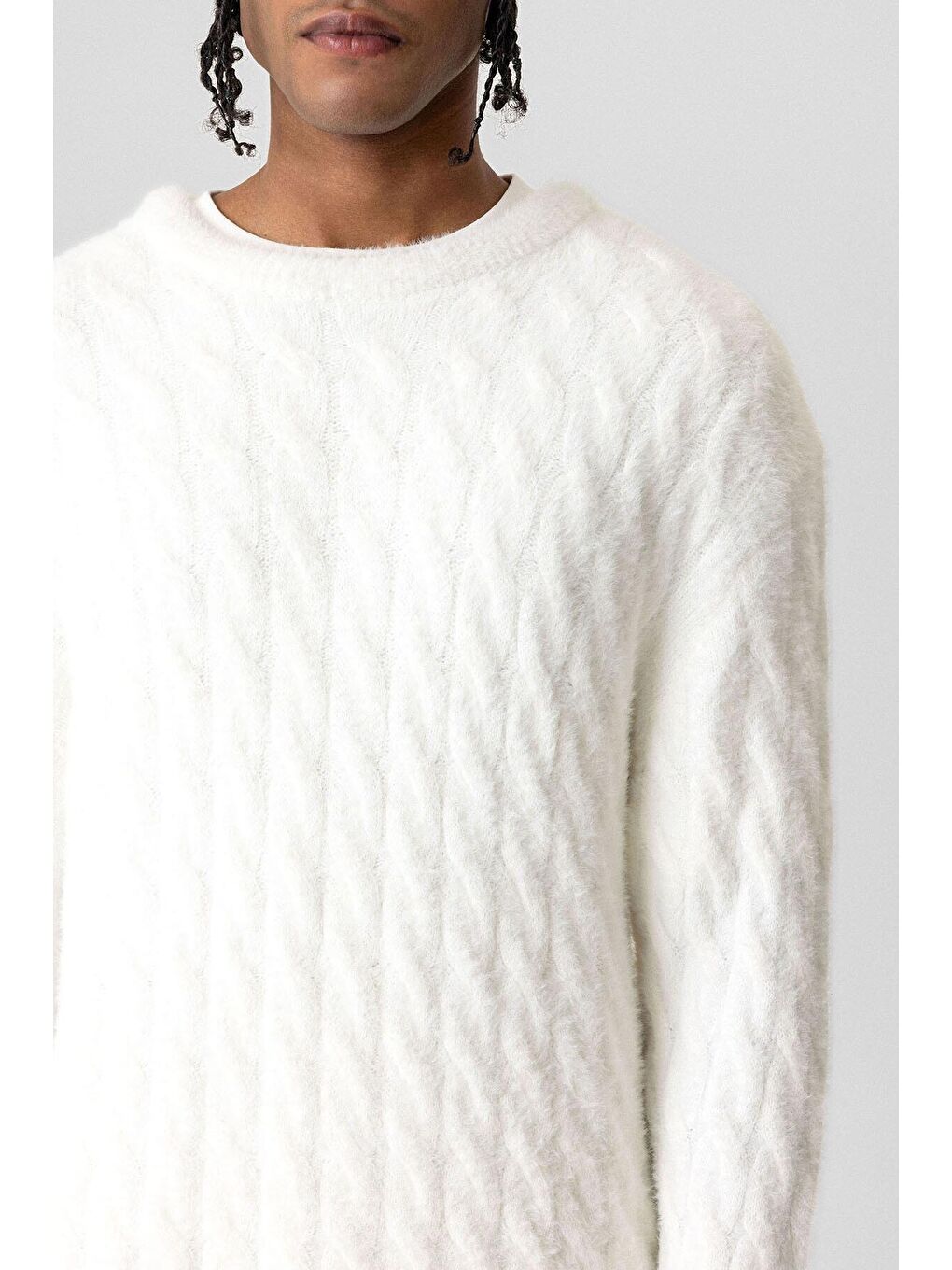 Beyaz Oversize Triko Kazak Kemik-4