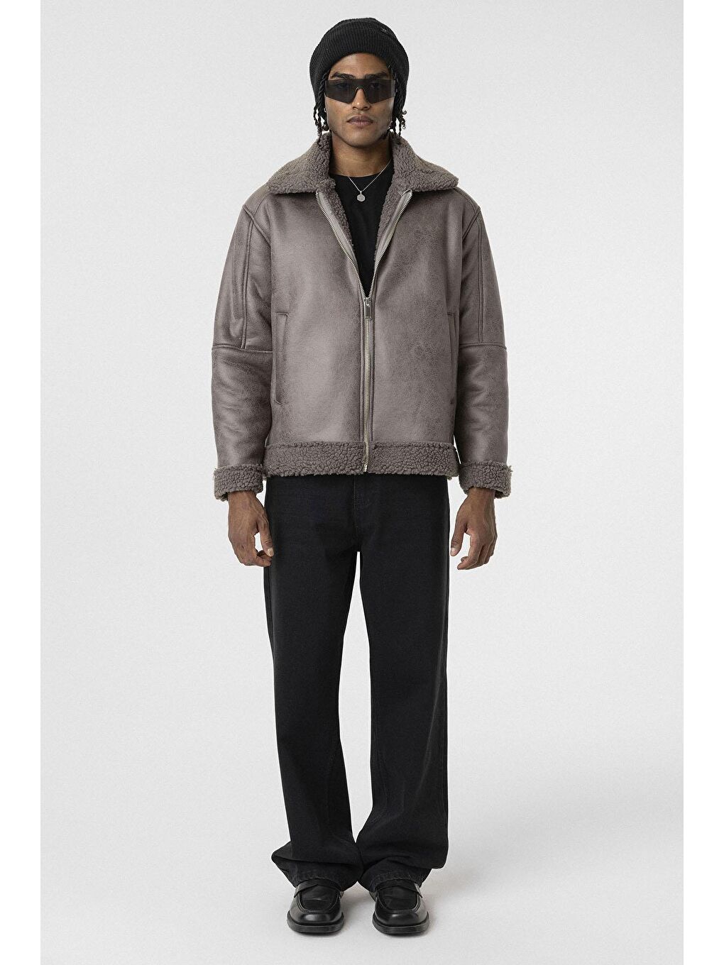 Gri İçi Kürklü Suni Deri Oversıze Mont Füme