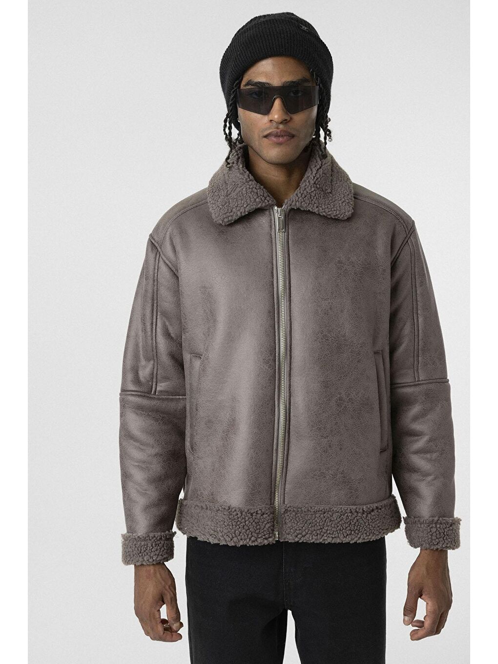 Gri İçi Kürklü Suni Deri Oversıze Mont Füme-1