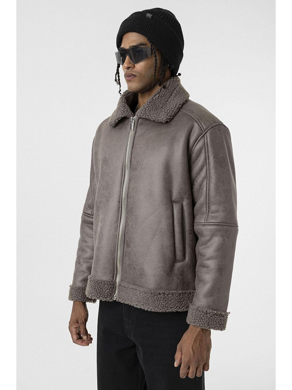 Gri İçi Kürklü Suni Deri Oversıze Mont Füme-4