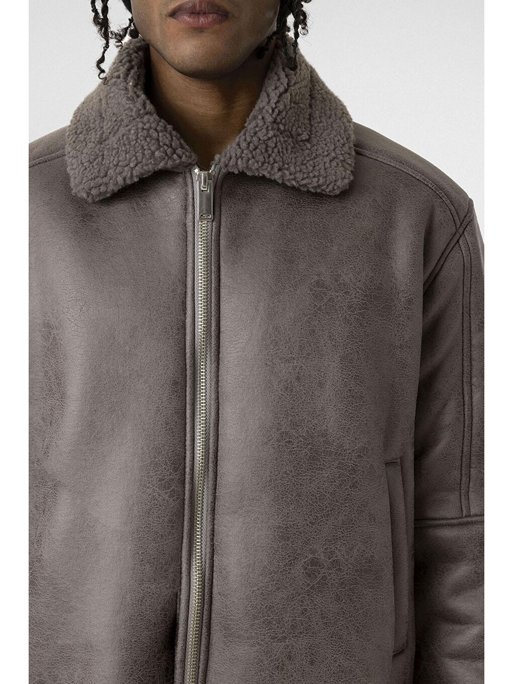 Gri İçi Kürklü Suni Deri Oversıze Mont Füme-5