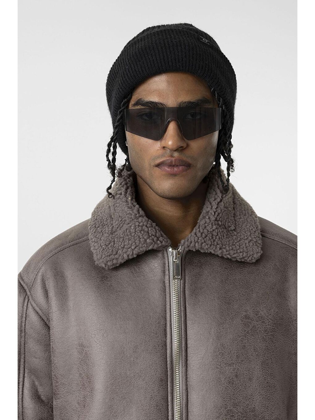 Gri İçi Kürklü Suni Deri Oversıze Mont Füme-6