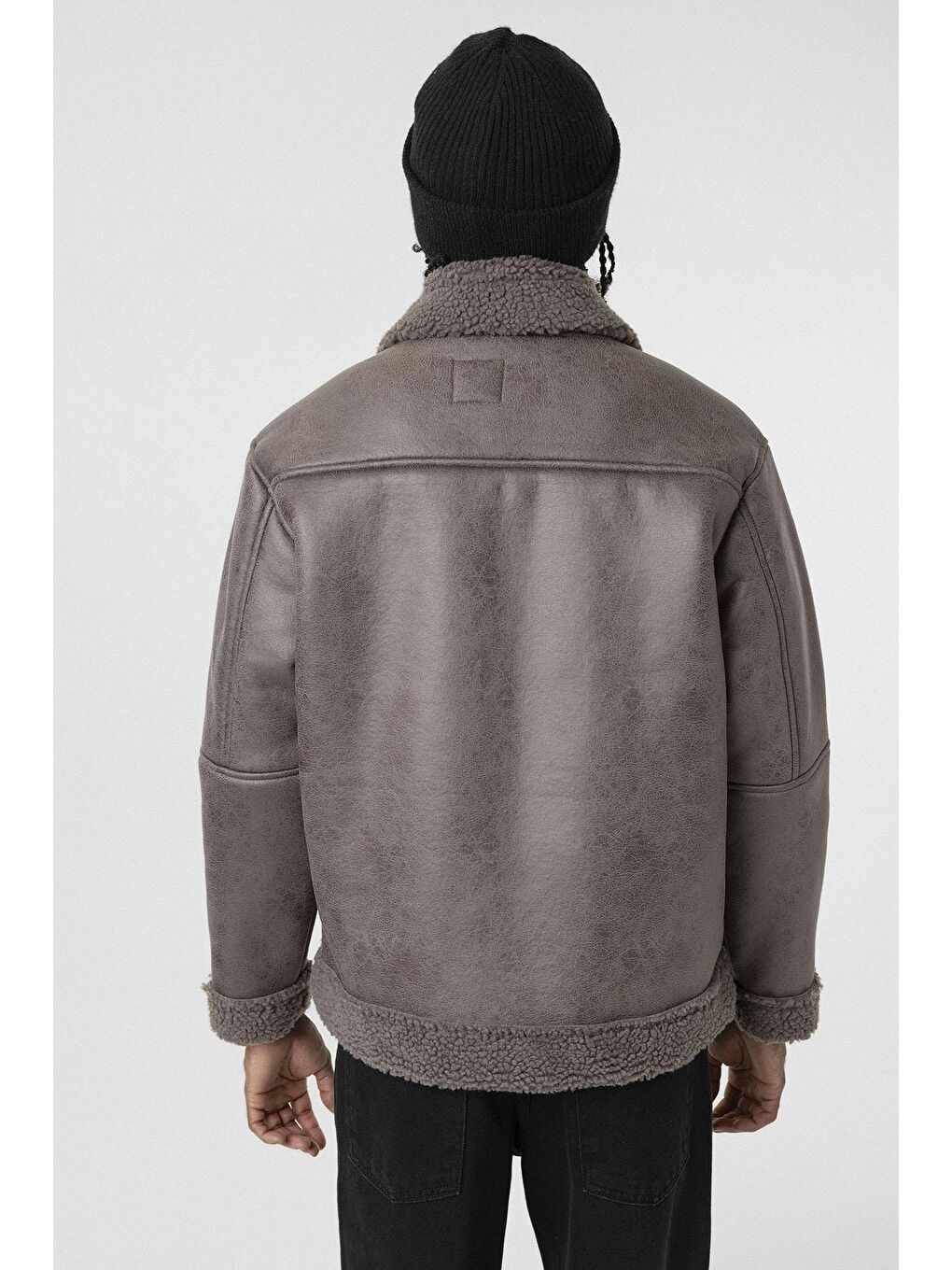 Gri İçi Kürklü Suni Deri Oversıze Mont Füme-7