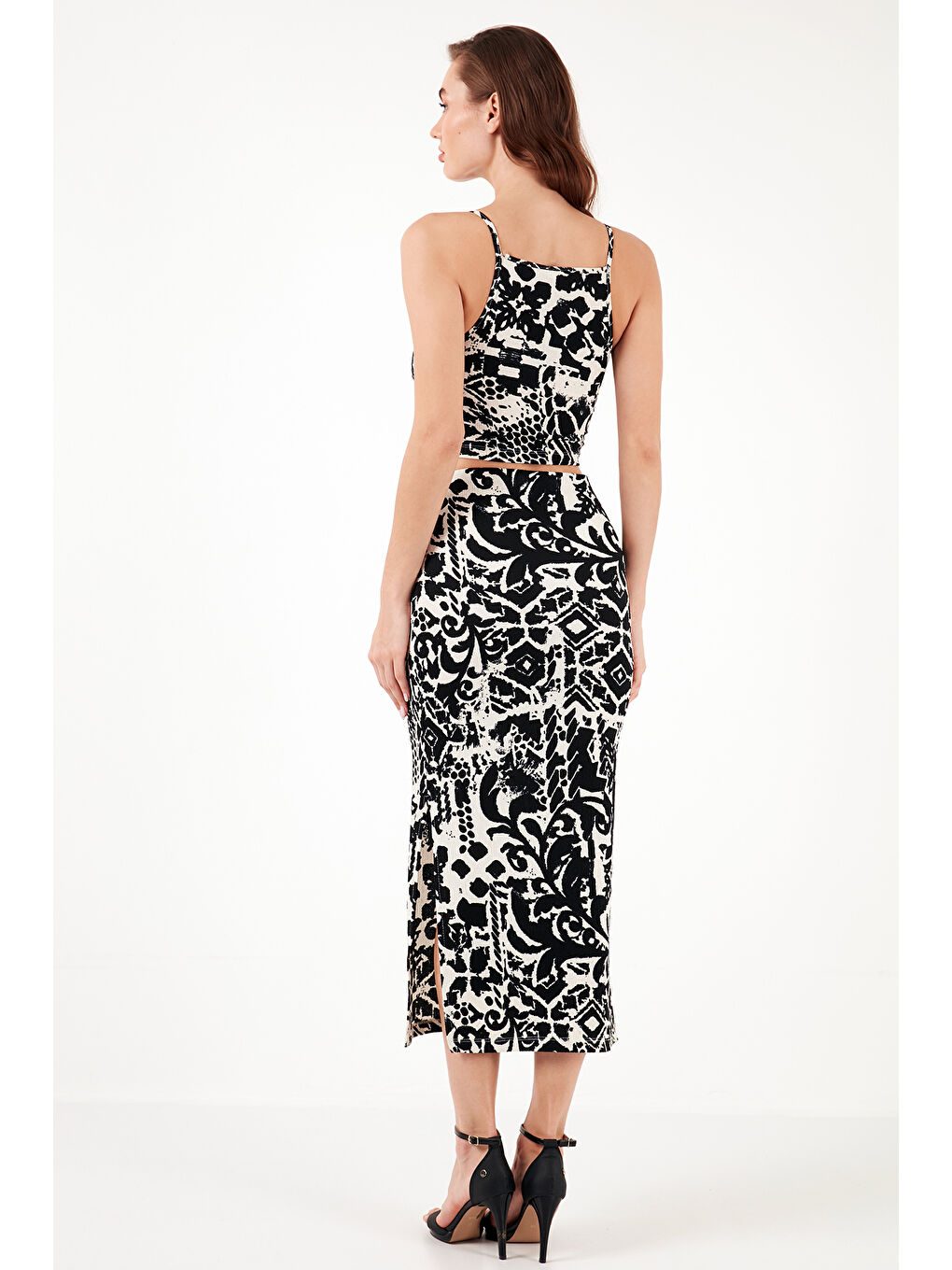 Siyah Slim Fit İp Askılı Yırtmaçlı Midi Alt-Üst Takım 5865726-6