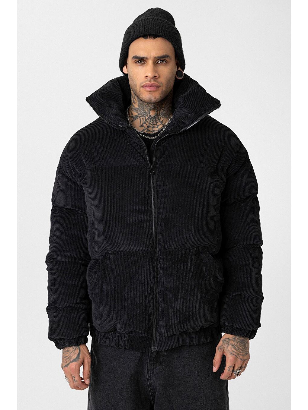 Siyah Oversize Kadife Erkek Şişme Mont-2