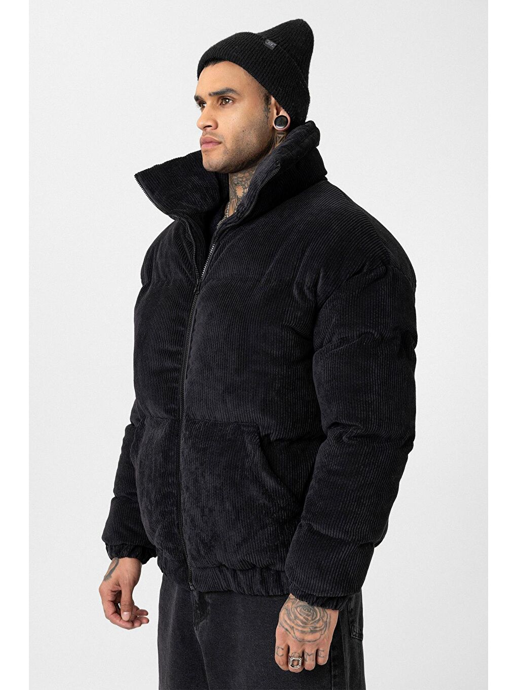 Siyah Oversize Kadife Erkek Şişme Mont-3