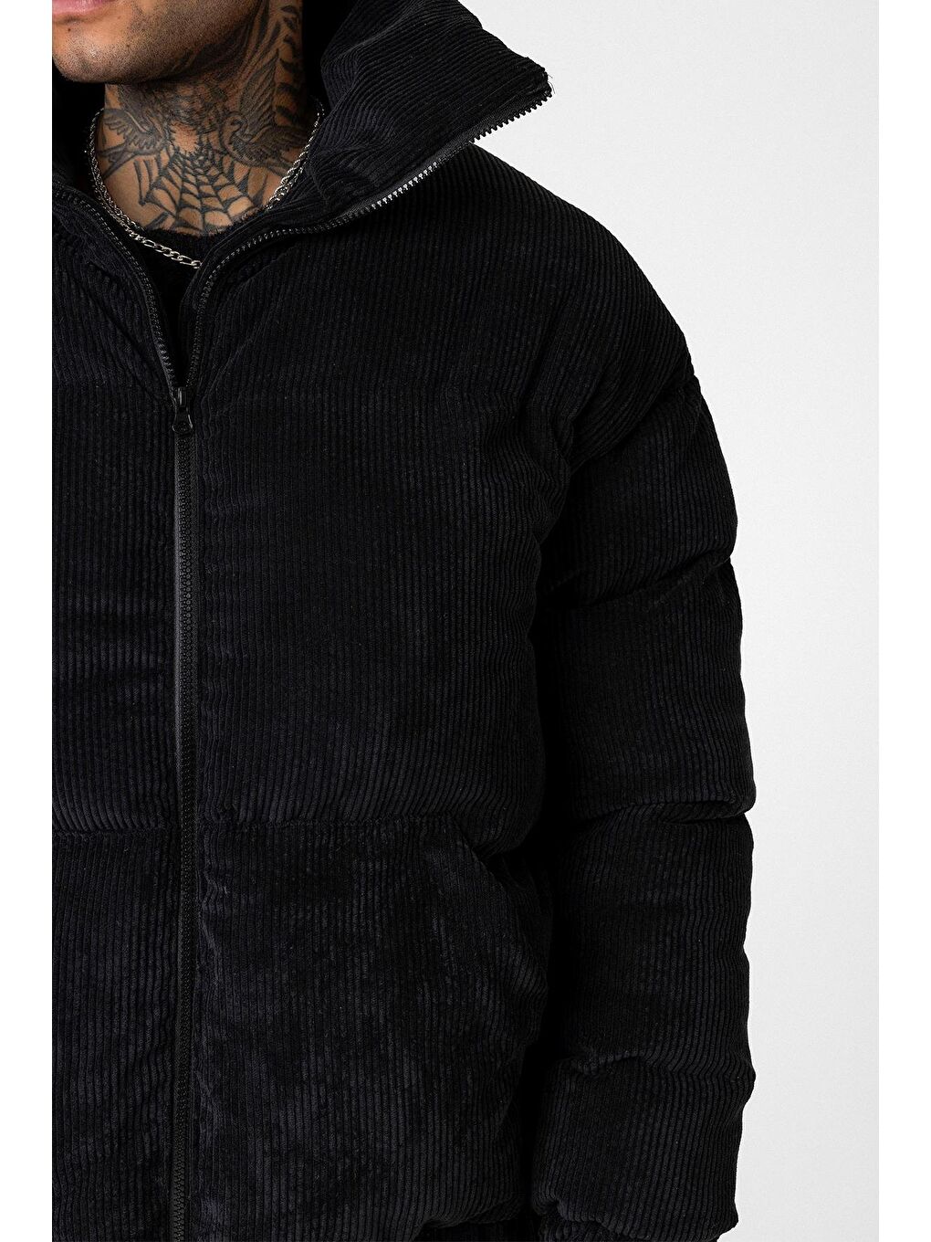 Siyah Oversize Kadife Erkek Şişme Mont-5