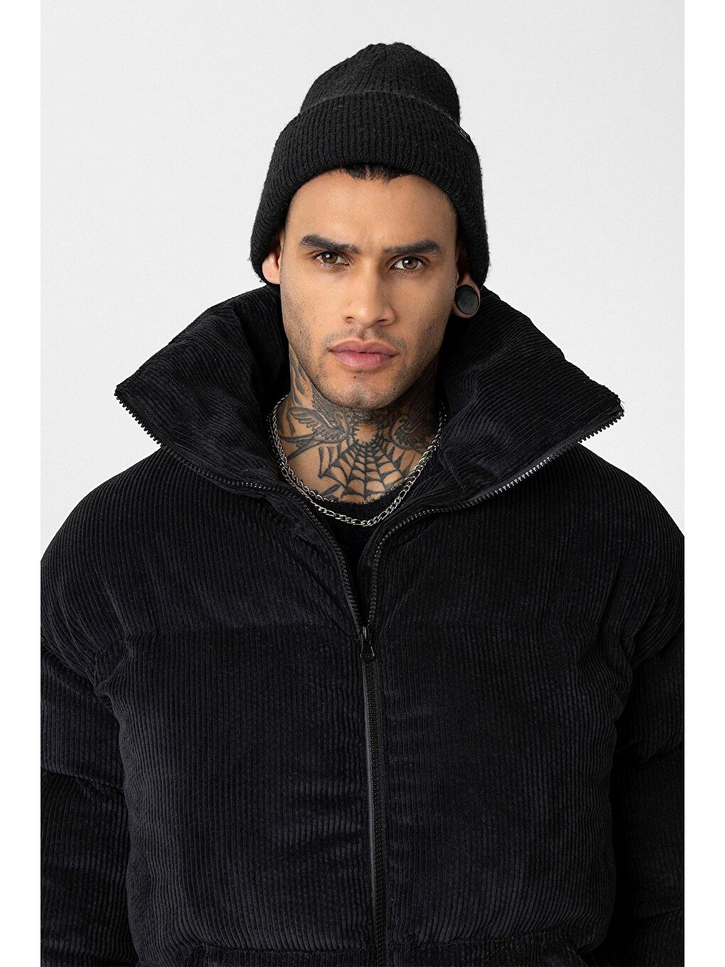 Siyah Oversize Kadife Erkek Şişme Mont-6