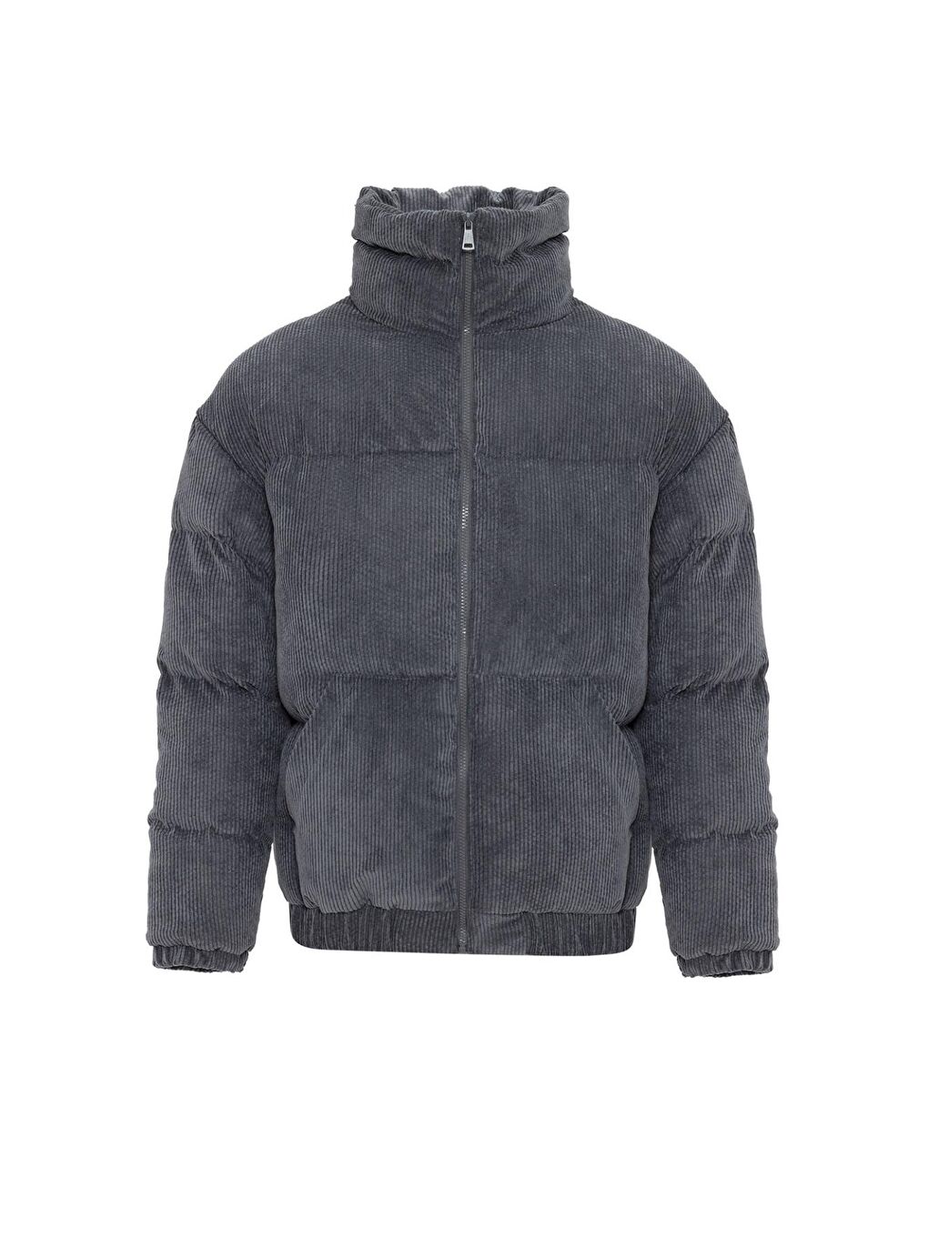 Gri Oversize Kadife Erkek Şişme Mont-1