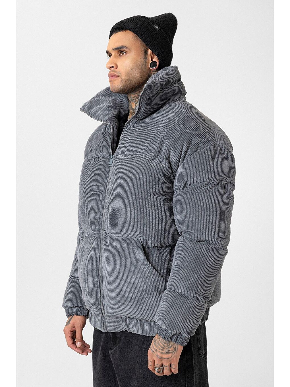 Gri Oversize Kadife Erkek Şişme Mont-2