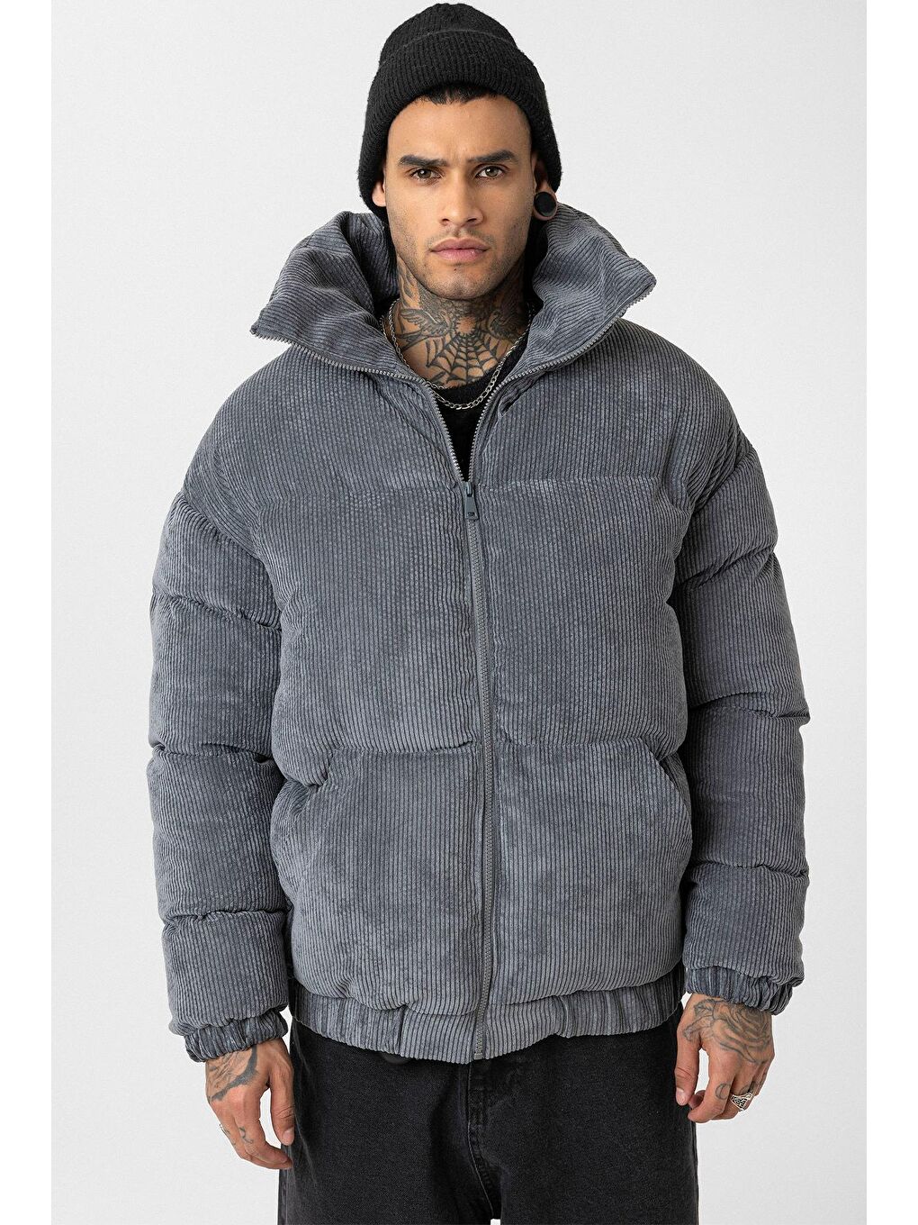 Gri Oversize Kadife Erkek Şişme Mont-3