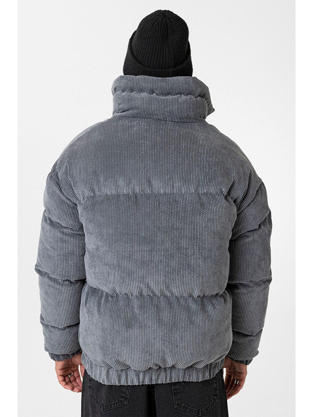 Gri Oversize Kadife Erkek Şişme Mont-5