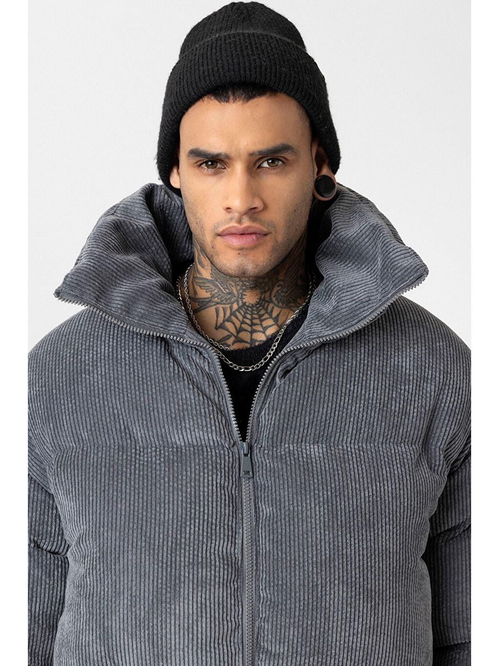 Gri Oversize Kadife Erkek Şişme Mont-6