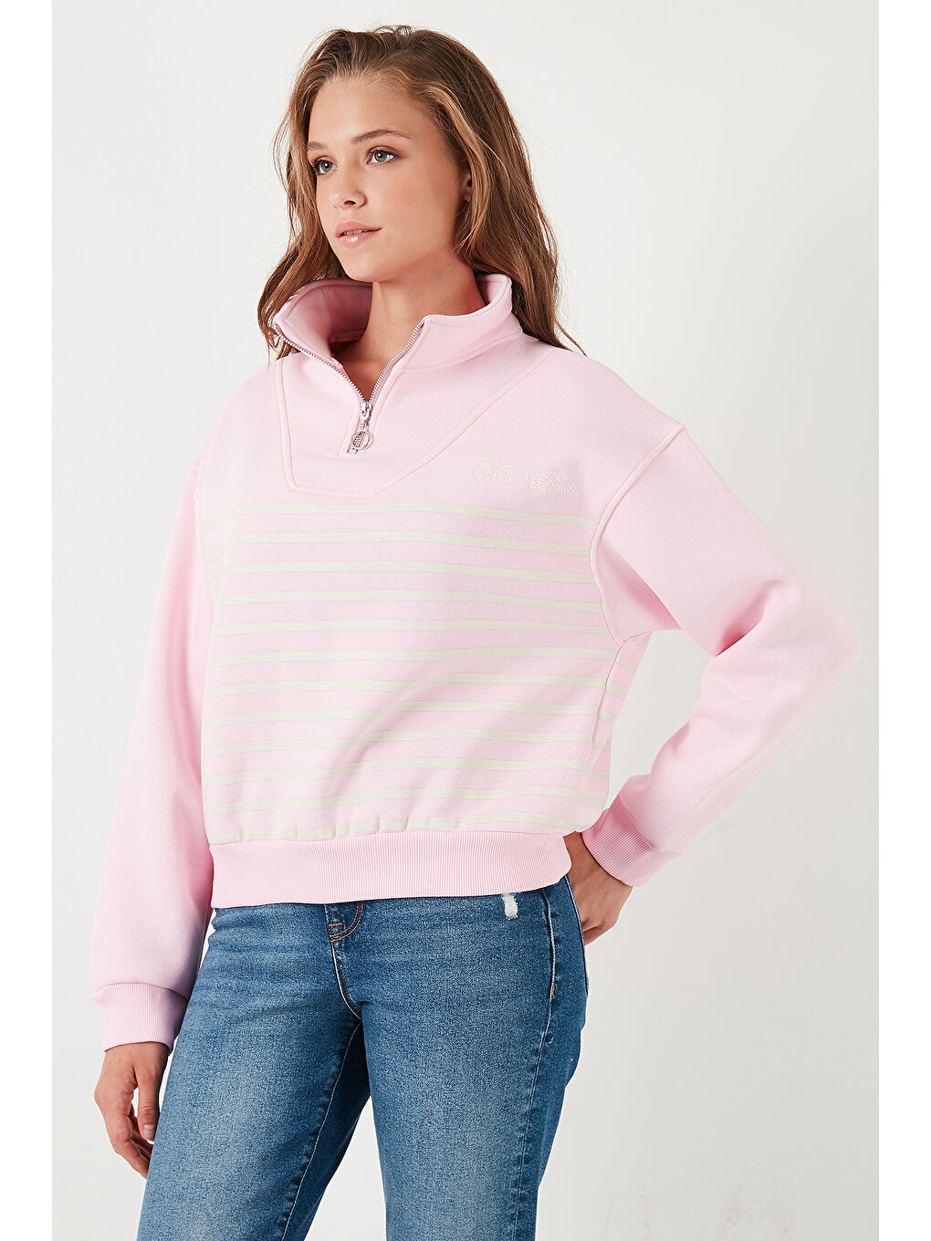 Pembe Streç Oversize Fit Yarım Fermuarlı Dik Yaka Kadın Sweat 5865883-5