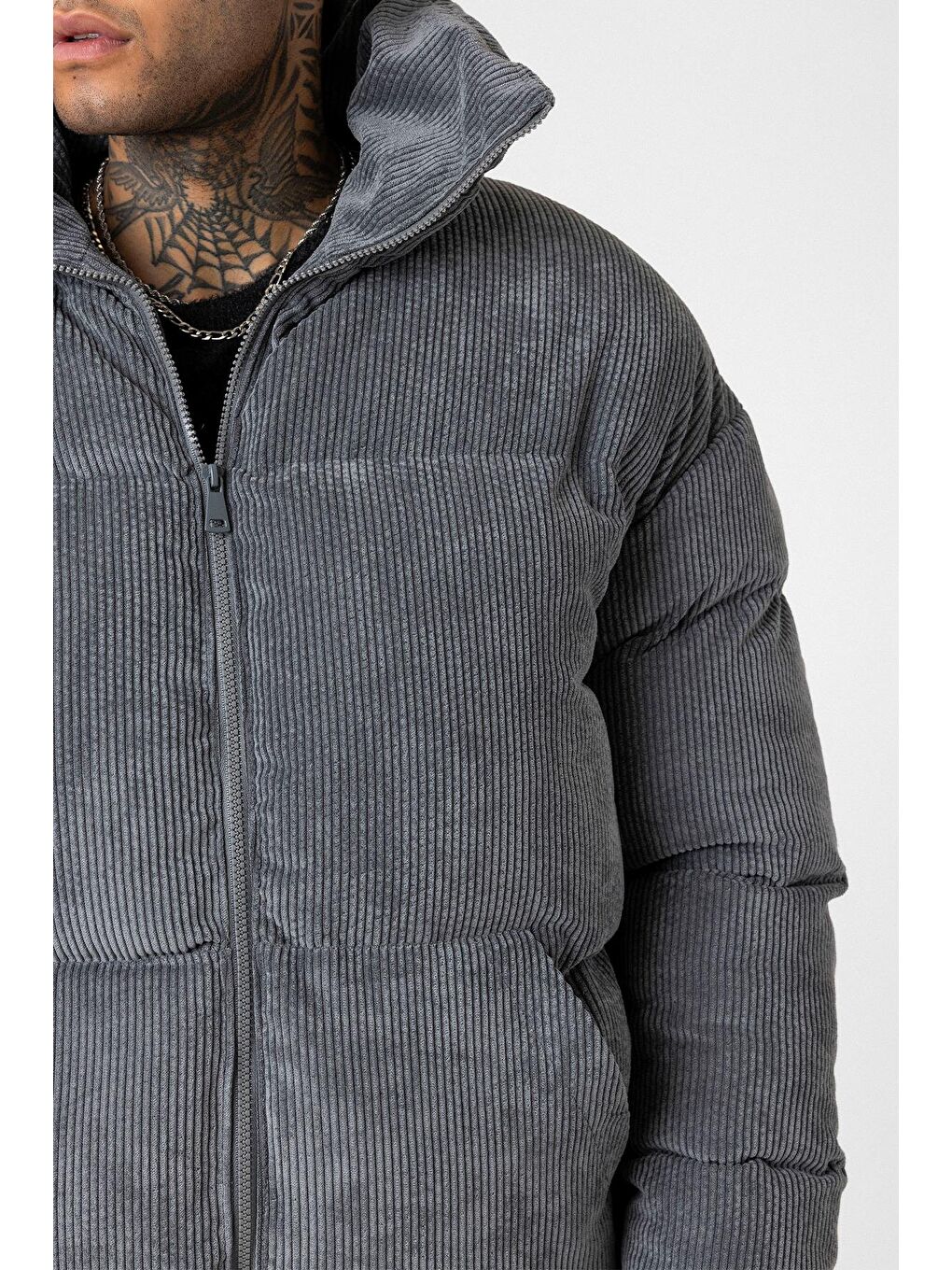 Gri Oversize Kadife Erkek Şişme Mont-7