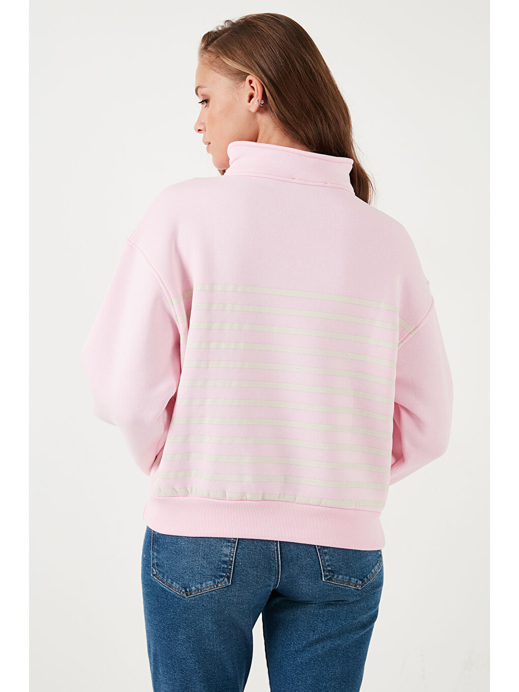 Pembe Streç Oversize Fit Yarım Fermuarlı Dik Yaka Kadın Sweat 5865883-6