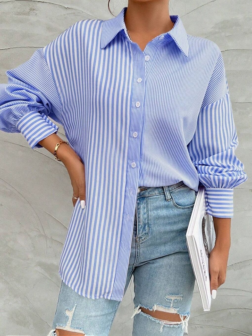 Kadın Mavi Oversize Çift Renk Çizgili Gömlek