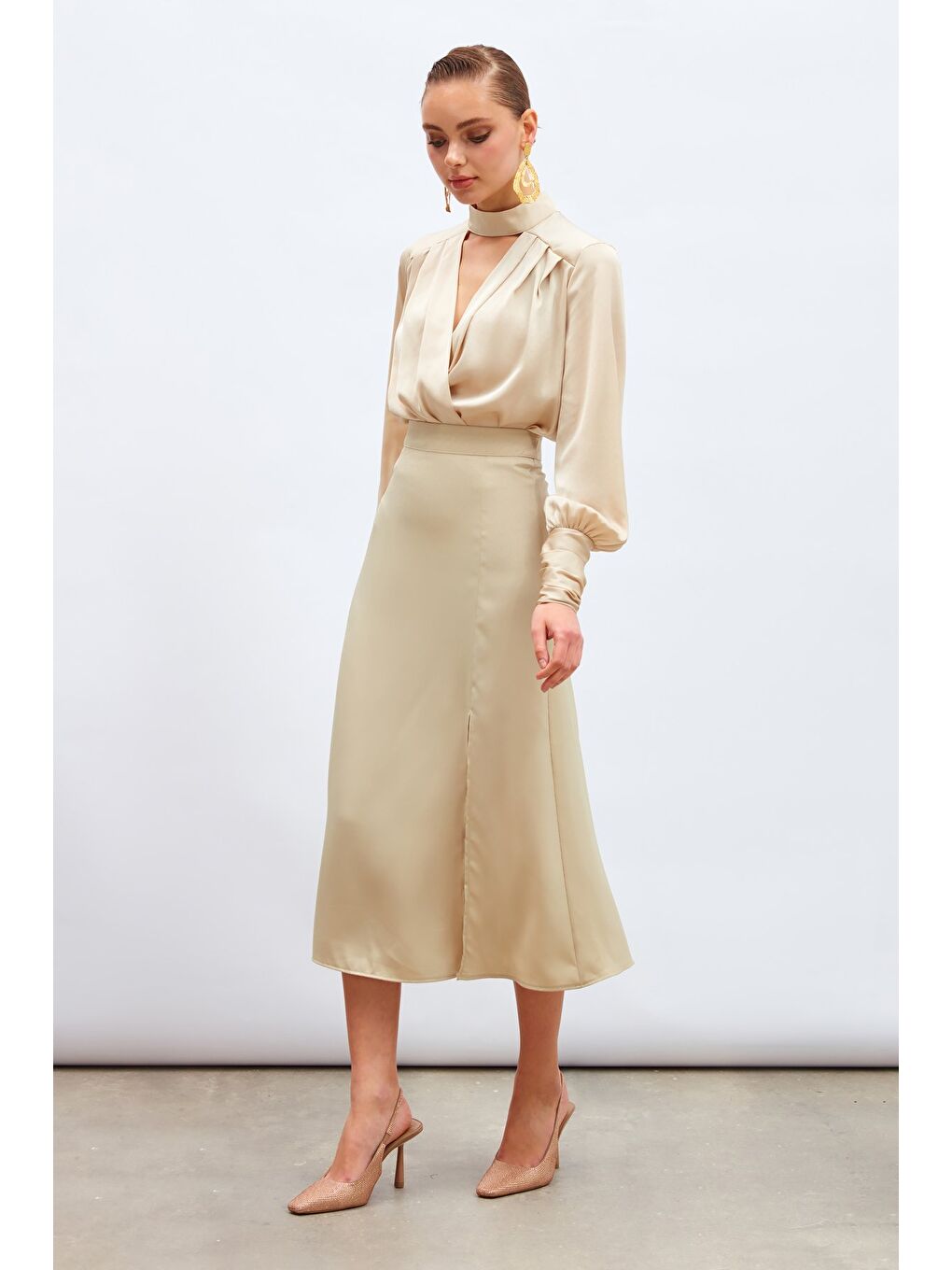 Yırtmaçlı Saten Etek - Bej-2