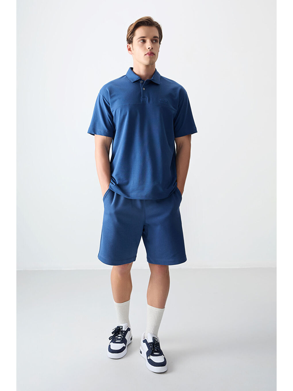 Mavi Pamuklu Kalın Yumuşak Dokulu Polo Yaka Oversize Fit Basic Erkek Tişört- 88382-1